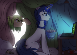 Size: 7016x4961 | Tagged: safe, artist:alicetriestodraw, derpibooru exclusive, oc, oc only, oc:lime twist, oc:mysza, earth pony, pony, unicorn, :t, adult blank flank, alcohol, bedsheets, blank flank, blue eyes, blue mane, bowl, breaking bad, can, chair, childhood, chips, cider, collar, computer, cozy, drink, duo, female, food, fort, keyboard, laptop computer, light, magic, magic aura, mare, mattress, meme, mess, paper, pillow, pillow fort, polish, ponified, popcorn, reference, smiling, table, trash, watching, white fur