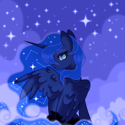 Size: 2500x2500 | Tagged: safe, artist:cursed soul, princess luna, alicorn, pony, g4, complex background, constellation, female, high res, looking at you, looking back, looking back at you, mare, night, partially open wings, profile, rear view, sitting, solo, starry night, stars, turned head, wings