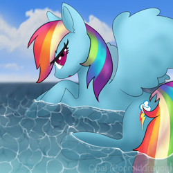 Size: 1000x1000 | Tagged: safe, artist:opal2023, rainbow dash, pegasus, pony, g4, ocean, partially submerged, solo, summer, water