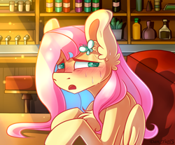 Size: 2169x1795 | Tagged: safe, artist:yuris, fluttershy, pegasus, pony, g4, aside glance, blushing, cafe, chest fluff, ear fluff, ears up, female, folded wings, hair accessory, indoors, looking at you, mare, nervous, open mouth, sitting, solo, sweat, table, wings