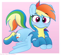 Size: 3360x3016 | Tagged: safe, artist:pabbley, artist:rainbowšpekgs, rainbow dash, pegasus, pony, g4, :3, alternate clothes, blushing, clothes, cute, dashabetes, ear fluff, eyebrows, eyebrows visible through hair, female, gradient background, high res, looking at you, lying down, mare, passepartout, prone, raised tail, smiling, smiling at you, socks, solo, tail, uniform, wonderbolts uniform