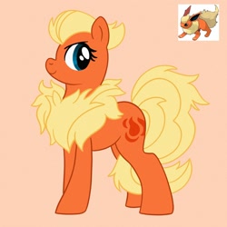 Size: 2000x2000 | Tagged: safe, earth pony, flareon, poképony, pony, blue eyes, high res, looking back, orange background, pokémon, ponified, simple background, solo, standing