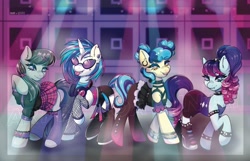 Size: 2599x1677 | Tagged: safe, artist:in4ri_, artist:koapony, coloratura, dj pon-3, octavia melody, sapphire shores, vinyl scratch, earth pony, pony, unicorn, g4, :p, alternate hairstyle, belt, boots, bracelet, choker, clothes, collaboration, corset, countess coloratura, ear fluff, ear piercing, earring, eyebrows, eyebrows visible through hair, eyeshadow, face tattoo, female, fishnet stockings, group, headphones, high res, jacket, jewelry, leather, leather jacket, lights, lip piercing, makeup, mare, open mouth, pants, piercing, quartet, raised hoof, shoes, shorts, signature, skirt, snake bites, socks, spiked choker, spiked wristband, stage, stirrup stockings, stirrups, stockings, tank top, tattoo, thigh highs, toeless legwear, toeless stockings, tongue out, tongue piercing, vinyl's glasses, wall of tags, wristband