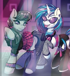 Size: 1131x1221 | Tagged: safe, artist:in4ri_, artist:koapony, dj pon-3, octavia melody, vinyl scratch, earth pony, pony, unicorn, g4, :p, alternate hairstyle, belt, clothes, collaboration, duo, duo female, ear fluff, ear piercing, earring, eyeshadow, face tattoo, female, fishnet stockings, headphones, jacket, jewelry, leather, leather jacket, lights, makeup, mare, piercing, shorts, skirt, socks, stage, stirrup stockings, stirrups, stockings, tank top, tattoo, thigh highs, toeless legwear, toeless stockings, tongue out, tongue piercing, vinyl's glasses
