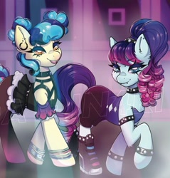 Size: 1170x1224 | Tagged: safe, artist:in4ri_, artist:koapony, coloratura, sapphire shores, earth pony, pony, unicorn, g4, alternate hairstyle, boots, bracelet, choker, clothes, collaboration, corset, countess coloratura, ear fluff, ear piercing, earring, eyeshadow, female, headphones, jewelry, lights, lip piercing, makeup, mare, open mouth, pants, piercing, shoes, skirt, snake bites, socks, spiked choker, spiked wristband, stage, stockings, thigh highs, wristband