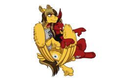 Size: 1772x1181 | Tagged: safe, alternate version, artist:inuhoshi-to-darkpen, oc, oc only, pegasus, pony, unicorn, alex gaskarth, all time low, clothes, commission, cuddling, curved horn, duo, duo male, dyed mane, dyed tail, ear fluff, feathered fetlocks, gay, horn, hug, jack barakat, male, one eye closed, open mouth, ponified, shipping, shirt, simple background, sitting, stallion, t-shirt, tail, tail feathers, transparent background, winghug, wings