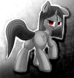 Size: 2540x2685 | Tagged: artist needed, source needed, safe, oc, original species, plush pony, pony, unicorn, butt, cheek fluff, frown, gradient background, high res, horn, looking at you, looking back, looking back at you, partial color, plot, plushie, red eyes, slit pupils, solo, stitches, unicorn oc