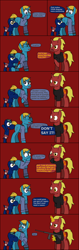 Size: 792x2515 | Tagged: safe, artist:j-yoshi64, oc, oc only, oc:firebrand, oc:j-pony64, earth pony, human, hybrid, pony, unicorn, yoshi, comic:taking a self-insert too seriously, analysis bronies, blonde hair, blue coat, comic, dialogue, green mane, gun, hoofbump, human in equestria, levitation, magic, male, ponified, red coat, reference to another series, rifle, self insert, speech bubble, stallion, telekinesis, text, title drop, weapon