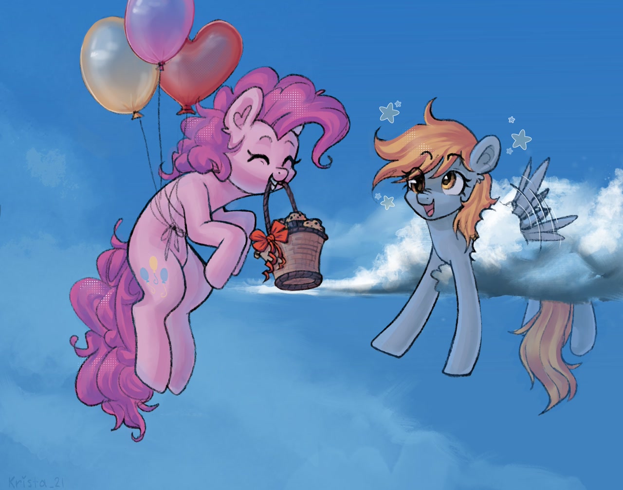 [balloon,basket,cloud,cute,derpy hooves,duo,earth pony,eyebrows,eyes closed,female,flapping,floating,flying,grin,heart,high res,mare,mouth hold,nose wrinkle,open mouth,pegasus,pinkie pie,pony,safe,sky,wings,diapinkes,derpabetes,duo female,eye clipping through hair,then watch her balloons lift her up to the sky,smiling,spread wings,heart balloon,eyebrows visible through hair,open smile,artist:krista-21,in a cloud]