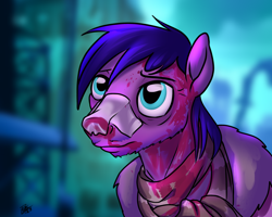 Size: 2500x2000 | Tagged: safe, artist:potes, oc, oc only, oc:diamond tip, earth pony, pony, bandaid, bandaid on nose, beard, blade runner 2049, blood, clothes, facial hair, frostpunk, high res, male, meme, neon, parody, ponified, sad, scarf, solo, stallion, tired, you look lonely