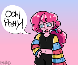 Size: 1828x1528 | Tagged: safe, artist:acid-v0, pinkie pie, human, g4, clothes, ear piercing, earring, gradient background, hair tie, humanized, jewelry, midriff, piercing, shorts, signature, solo, speech bubble