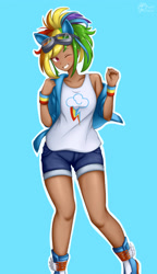 Size: 2300x4000 | Tagged: safe, artist:alex_k2k, artist:alx_k2k, kotobukiya, rainbow dash, human, g4, blue background, female, hand, humanized, kotobukiya rainbow dash, moderate dark skin, simple background, smiling, solo, wristband