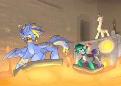 Size: 4000x2853 | Tagged: safe, artist:madiwann, oc, oc:hunder, oc:shining trophy, earth pony, pegasus, pony, chase, collar, fire, gold, lava, looking at each other, looking at someone, looking back, male, mouth hold, spiked collar, stallion, stealing, temple