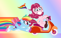 Size: 3013x1869 | Tagged: safe, artist:queenderpyturtle, pinkie pie, rainbow dash, pegasus, pony, g4, beard, bearded female, facial hair, gradient background, rainbow background, rainbow trail, scooter