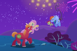 Size: 2880x1920 | Tagged: safe, anonymous artist, big macintosh, fluttershy, rainbow dash, oc, oc:late riser, earth pony, pegasus, pony, series:fm holidays, g4, baby, baby pony, bald tail, burned, burned butt, colt, crying, female, fireworks, flying, foal, frog (hoof), gritted teeth, high res, lineless, male, mare, mouth hold, no pupils, nose wrinkle, offspring, open mouth, open smile, outstretched hoof, parent:big macintosh, parent:fluttershy, parents:fluttermac, question mark, ship:fluttermac, shipping, sleepy, smiling, smoke, stallion, straight, tears of joy, teeth, underhoof