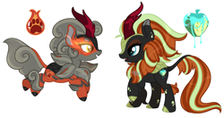 Size: 4184x2206 | Tagged: safe, artist:dixieadopts, oc, oc only, oc:fire flower, oc:sugar fury, arcanine, kirin, beanbrows, cloven hooves, colored eartips, colored hooves, cute, cute little fangs, duo, ear freckles, eyebrows, eyeshadow, fangs, female, freckles, golden eyes, hisuian arcanine, jumping, kirin oc, leg fluff, leg freckles, leonine tail, lidded eyes, makeup, offspring, parent:autumn blaze, parent:oc, parents:canon x oc, pokémon, raised hoof, simple background, standing, stripes, tail, teal eyes, transparent background, yellow eyes