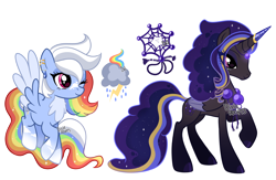Size: 3132x2047 | Tagged: safe, artist:dixieadopts, oc, oc only, oc:morning ghost, oc:shining storm, alicorn, pegasus, pony, alicorn oc, chest fluff, circlet, colored hooves, colored wings, colored wingtips, ear piercing, earring, ethereal mane, ethereal tail, eyeshadow, female, flying, folded wings, gradient legs, high res, horn, horn cap, jewelry, lidded eyes, magenta eyes, makeup, mare, multicolored wings, necklace, offspring, one eye closed, parent:oc, parent:rainbow dash, parent:twilight sparkle, parents:canon x oc, pegasus oc, piercing, raised hoof, simple background, smiling, standing, tail, transparent background, wings, wink