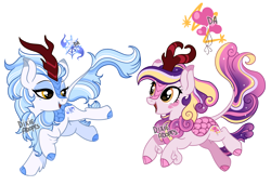 Size: 3730x2548 | Tagged: safe, artist:dixieadopts, oc, oc only, oc:mystic frost, oc:velvet wish, kirin, beauty mark, cloven hooves, colored eartips, colored hooves, eyeshadow, female, golden eyes, high res, interspecies offspring, kirin hybrid, leg fluff, leonine tail, lidded eyes, looking back, magical lesbian spawn, makeup, offspring, open mouth, parent:autumn blaze, parent:double diamond, parent:princess cadance, simple background, tail, transparent background, yellow eyes