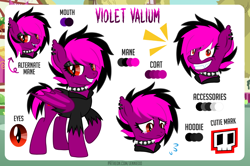 Size: 1100x732 | Tagged: safe, artist:jennieoo, oc, oc only, oc:violet valium, bat pony, pony, collar, crazy face, faic, insanity, looking at you, piercing, reference sheet, sad, show accurate, smiling, smiling at you, smug, solo, vector