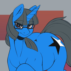 Size: 3000x3000 | Tagged: safe, artist:aerospine, oc, oc only, oc:mint petal, pony, unicorn, brown eyes, chubby, female, glasses, gray background, high res, large butt, looking at you, mare, simple background, solo, the ass was fat, wide hips