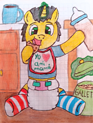 Size: 2960x3900 | Tagged: safe, artist:bitter sweetness, oc, oc only, oc:bitter sweetness, pony, unicorn, abdl, adult foal, baby bottle, bib, clothes, coffee mug, cookie, cookie jar, diaper, diaper fetish, fetish, food, glowing, glowing horn, graph paper, green eyes, high res, hooves, horn, kitchen, looking at you, magic, male, mug, non-baby in diaper, open mouth, open smile, smiling, socks, spanish, striped socks, telekinesis, traditional art, translated in the description, wooden floor