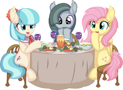 Size: 8843x6520 | Tagged: safe, artist:cyanlightning, coco pommel, fluttershy, marble pie, earth pony, pegasus, pony, g4, .svg available, absurd resolution, broccoli, canterlot, carrot, chair, cocobetes, cute, drink, drinking, ear fluff, eating, female, food, glass, herbivore, marblebetes, mare, open mouth, plate, shyabetes, simple background, sitting, soup, table, the council of shy ponies, transparent background, trio, trio female, vector