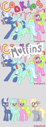 Size: 1100x3000 | Tagged: safe, artist:bishopony, daisy, derpy hooves, flower wishes, lyra heartstrings, pokey pierce, earth pony, pegasus, pony, unicorn, g4, blushing, comic, cookie zombie, female, floppy ears, gray background, male, mare, muffin, rainbow muzzle, signature, simple background, stallion, that pony sure does love muffins