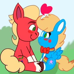 Size: 1378x1378 | Tagged: safe, artist:applebloomyloves, sprout cloverleaf, oc, oc:esmerald, earth pony, pegasus, pony, g5, blushing, bowtie, bracelet, canon x oc, coat markings, collar, facial markings, female, heart, jewelry, looking at each other, looking at someone, male, shipping, sitting, smiling, socks (coat markings), spread wings, star (coat marking), straight, unshorn fetlocks, wings