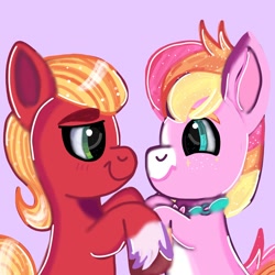 Size: 1378x1378 | Tagged: safe, artist:applebloomyloves, sprout cloverleaf, oc, oc:malarkey, earth pony, pony, g5, canon x oc, freckles, jewelry, looking at each other, looking at someone, male, necklace, nonbinary, smiling, smiling at each other, stallion, unshorn fetlocks