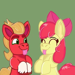 Size: 1378x1378 | Tagged: safe, artist:applebloomyloves, apple bloom, sprout cloverleaf, earth pony, pony, g4, g5, :p, adorabloom, caption, closed, cute, eyes closed, female, filly, foal, happy, male, sproutbetes, stallion, text, tongue out, unshorn fetlocks