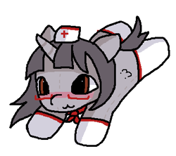 Size: 381x338 | Tagged: safe, artist:anonymare, oc, oc only, oc:miaumare, pony, unicorn, ms paint, nurse outfit, plushie, simple background, solo, white background