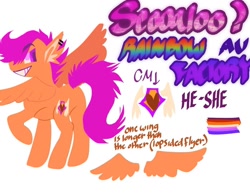 Size: 1080x835 | Tagged: safe, artist:material.girl.sinclair, scootaloo, pegasus, pony, fanfic:rainbow factory, g4, alternate cutie mark, alternate universe, butt, ear piercing, fanfic art, lesbian pride flag, piercing, plot, pride, pride flag, pronouns, rainbow factory au, reference sheet, simple background, solo, white background