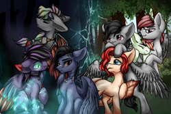 Size: 6000x4000 | Tagged: safe, artist:erie takagi, derpibooru exclusive, oc, oc:erie takagi, oc:hotti keeper, oc:moonee whale, oc:night lightning, oc:skykeeper, oc:tine night, oc:trigger_blow, pegasus, pony, augmented, cute, eyes closed, forest, glasses, hug, jewelry, looking at you, necklace, pegasus oc, scar, spread wings, tongue out, wings