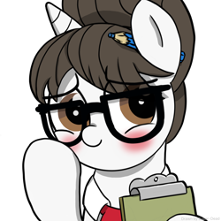 Size: 2048x2048 | Tagged: safe, artist:super-dead, raven, pony, unicorn, g4, blushing, clipboard, cute, female, glasses, hair bun, high res, pencil, ravenbetes, simple background, smiling, solo, white background