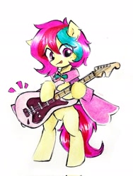 Size: 1538x2048 | Tagged: safe, artist:liaaqila, oc, oc only, oc:cuihua, earth pony, pony, bipedal, cloak, clothes, earth pony oc, electric guitar, female, guitar, looking at you, mare, musical instrument, simple background, smiling, solo, traditional art, white background