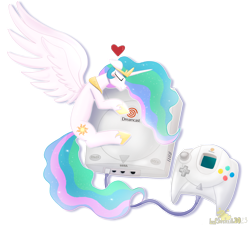 Size: 2732x2469 | Tagged: safe, artist:lordshrekzilla20, princess celestia, alicorn, pony, g4, commission, controller, eyes closed, female, game console, heart, high res, hug, mare, sega dreamcast, simple background, smiling, solo, spread wings, transparent background, wings