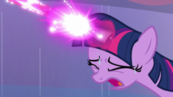 Size: 1280x720 | Tagged: safe, screencap, twilight sparkle, alicorn, pony, g4, the crystalling, blast, eyes closed, magic, magic blast, open mouth, out of context, solo, sweat, twilight sparkle (alicorn)