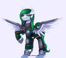 Size: 2974x2627 | Tagged: safe, artist:opal_radiance, oc, oc only, oc:diandra greenline, pegasus, pony, armor, clothes, eyebrows, female, high res, looking at you, mare, pegasus oc, raised hoof, rule 63, shadow, signature, simple background, smiling, smiling at you, solo, spread wings, white background, wings