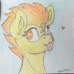 Size: 2374x2365 | Tagged: safe, artist:reddthebat, spitfire, pegasus, pony, g4, :p, bust, cute, cutefire, ear fluff, female, floating heart, heart, high res, mare, mlem, signature, silly, smiling, solo, tongue out, traditional art