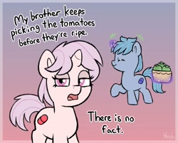Size: 1694x1364 | Tagged: safe, artist:heretichesh, oc, oc only, oc:blue pill, oc:red pill, pony, unicorn, basket, brother and sister, colt, dialogue, duo, eyes closed, female, filly, foal, food, gradient background, levitation, lidded eyes, magic, male, siblings, smiling, talking to viewer, telekinesis, tomato, unamused