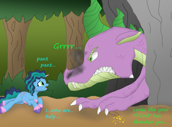 Size: 1781x1316 | Tagged: safe, artist:bluestar386, misty brightdawn, spike, dragon, pony, unicorn, g5, alternate hairstyle, angry, cave, dialogue, duo, female, forest, freckles, gritted teeth, injured, looking at each other, looking at someone, male, older, older spike, open mouth, outdoors, smoke, teeth, tree