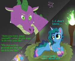 Size: 1520x1239 | Tagged: safe, artist:bluestar386, misty brightdawn, spike, dragon, pony, unicorn, g5, alternate hairstyle, bandage, cave, dialogue, duo, female, fire, indoors, long description, lying down, male, misspelling, older, older spike, story included