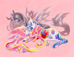 Size: 1200x927 | Tagged: safe, artist:fleebites, princess cadance, queen chrysalis, shining armor, alicorn, changeling, changeling queen, pony, unicorn, a canterlot wedding, g4, female, holes in wings, lying down, male, mare, open mouth, open smile, pink background, prone, simple background, sinister smile, smiling, stallion, trio