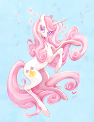 Size: 927x1200 | Tagged: safe, artist:fleebites, fleur-de-lis, pony, unicorn, g4, blue background, female, lidded eyes, looking at you, mare, rearing, simple background, smiling, smiling at you, solo