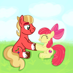Size: 1378x1378 | Tagged: safe, artist:applebloomyloves, apple bloom, sprout cloverleaf, earth pony, pony, g4, g5, duo, eyes closed, female, filly, foal, looking at each other, looking at someone, smiling