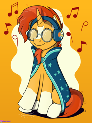 Size: 1500x1995 | Tagged: safe, artist:passionpanther, sunburst, pony, unicorn, series:ponies with headphones, g4, blaze (coat marking), cloak, clothes, coat markings, cute, eyes closed, facial hair, facial markings, glasses, goatee, headphones, male, music notes, simple background, smiling, socks (coat markings), solo, stallion, sunbetes, sunburst's cloak, tapping, vibing, yellow background