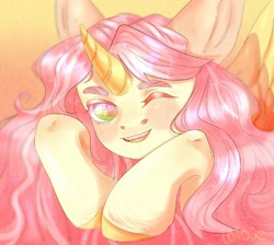 Size: 1600x1431 | Tagged: safe, oc, oc:peach tao, alicorn, pony, bust, horn, looking at you, not fluttershy, one eye closed, portrait, smiling, smiling at you, wings, wink