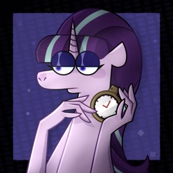 Size: 1440x1440 | Tagged: safe, artist:falloutfurret, starlight glimmer, pony, unicorn, g4, bust, female, lidded eyes, mare, pocket watch, s5 starlight, solo, suddenly hands, this will end in timeline distortion