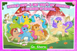 Size: 1964x1300 | Tagged: safe, gameloft, idw, bow tie (g1), bubbles (g1), butterscotch (g1), lemon drop, peachy, sprinkles (g1), tootsie, earth pony, pegasus, pony, g1, g4, my little pony: magic princess, official, advertisement, blushing, bow, bubblebetes, collection, cute, diatoots, english, female, g1 adorascotch, g1 peachybetes, g1 sprinklebetes, group, idw showified, lemondropabetes, mare, mobile game, spread wings, tail, tail bow, text, tieabetes, wings