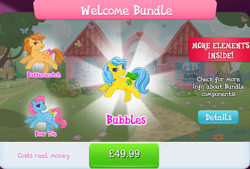 Size: 1266x857 | Tagged: safe, gameloft, idw, bow tie (g1), bubbles (g1), butterscotch (g1), earth pony, pony, g1, g4, my little pony: magic princess, official, bow, bundle, collection, costs real money, english, female, group, idw showified, mare, mobile game, numbers, tail, tail bow, text, welcome bundle